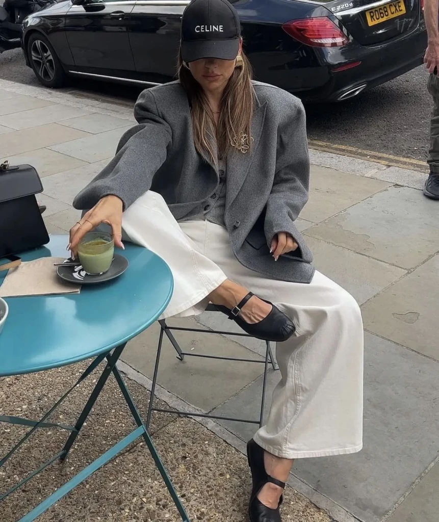 Gray blazer minimalist spring outfit with white wide-leg pants