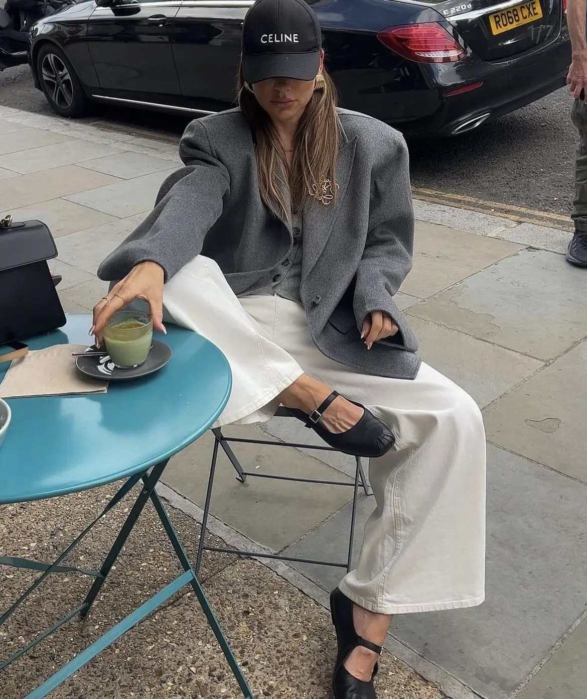Gray blazer minimalist spring outfit with white wide-leg pants