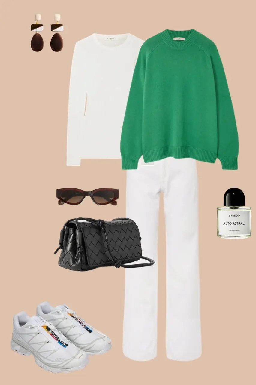 Green oversized sweater white tank top white jeans chunky sneakers flat lay outfit 1