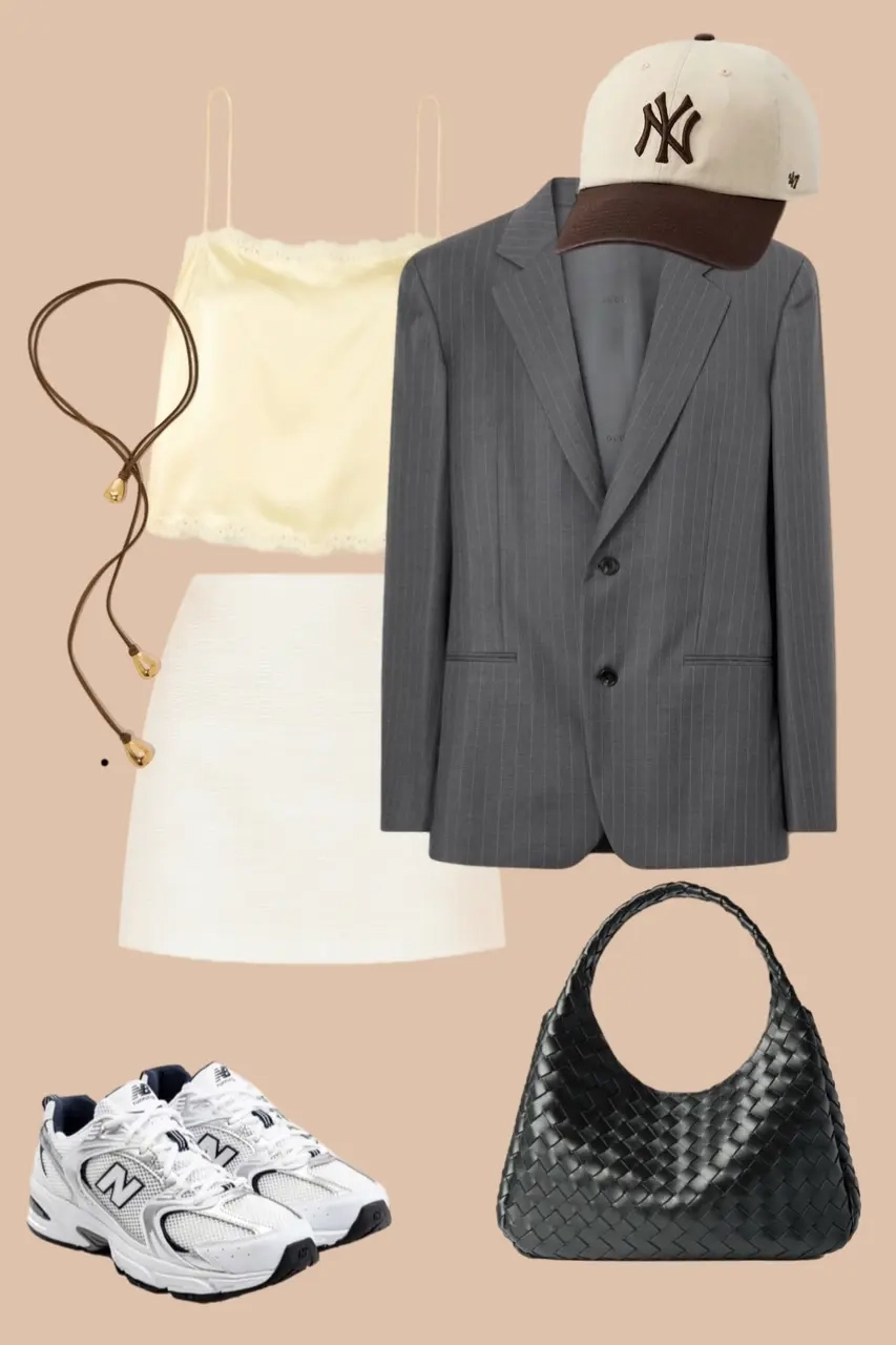 Pinstripe blazer cream slip dress baseball cap chunky sneakers black bag outfit 10