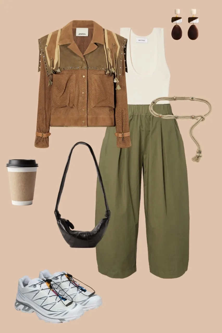 Tan utility vest white tank olive green cropped pants chunky sneakers outfit 4