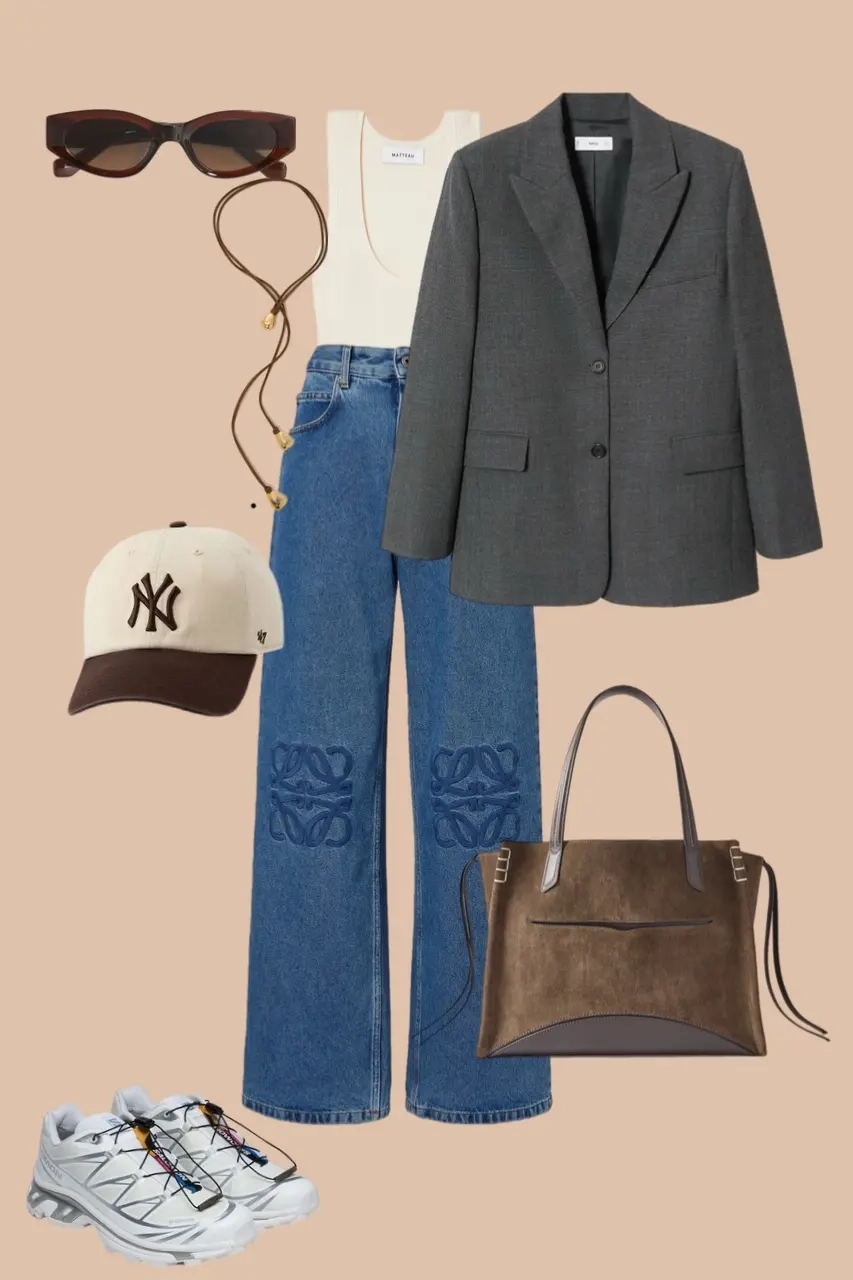 Gray blazer white tank blue wide leg jeans chunky sneakers baseball cap outfit 2