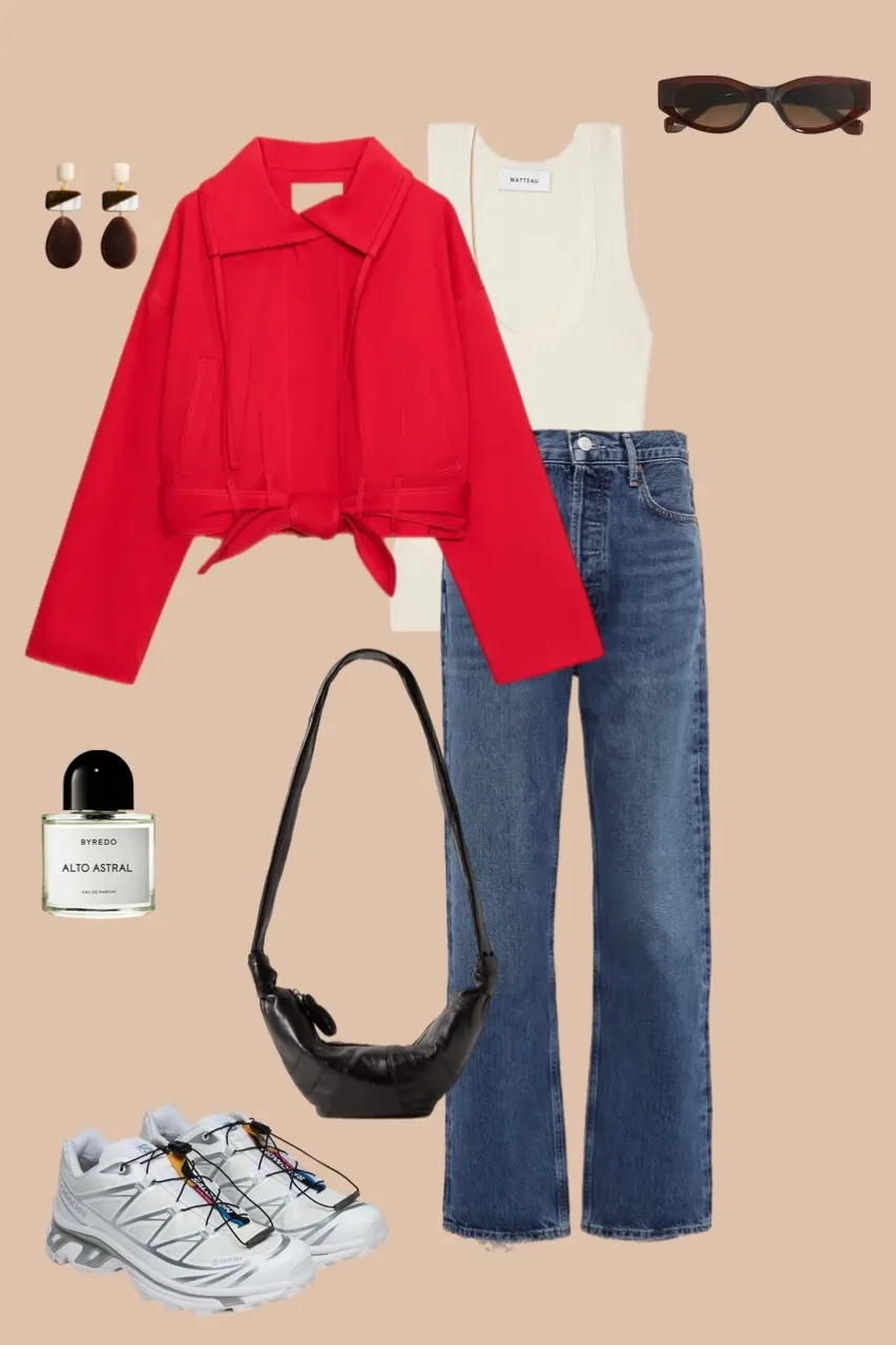 Red cropped blazer white tank blue jeans chunky sneakers black bag outfit 3