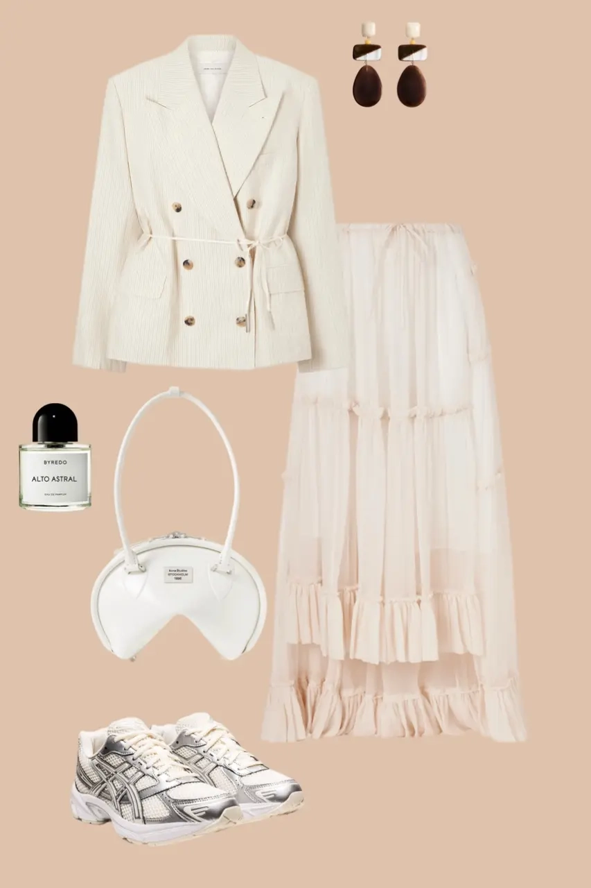 Cream double breasted blazer tiered midi skirt chunky sneakers white bag outfit 5