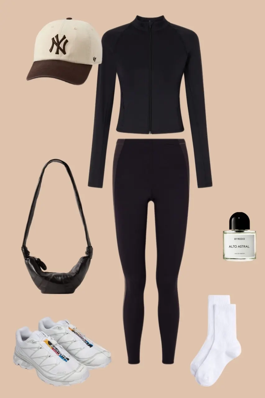 Black zip up jacket black leggings baseball cap chunky sneakers outfit 6