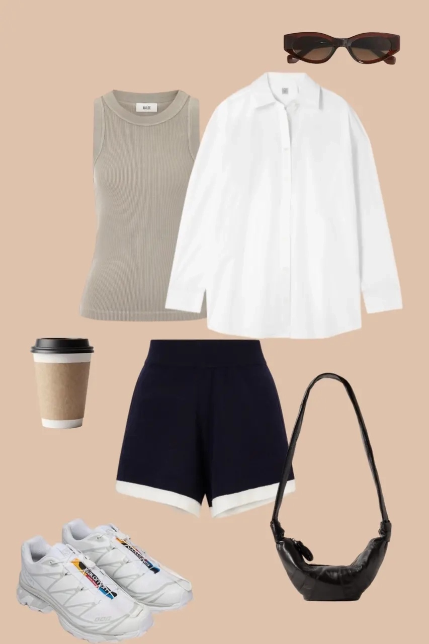 Gray ribbed tank white button shirt navy shorts chunky sneakers outfit 7