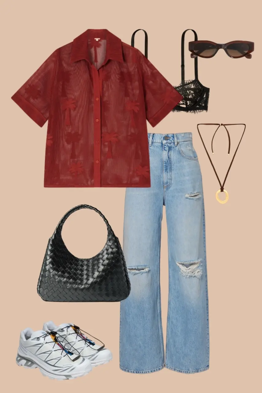 Burgundy sheer shirt black lace bralette light blue jeans chunky sneakers outfit 8
