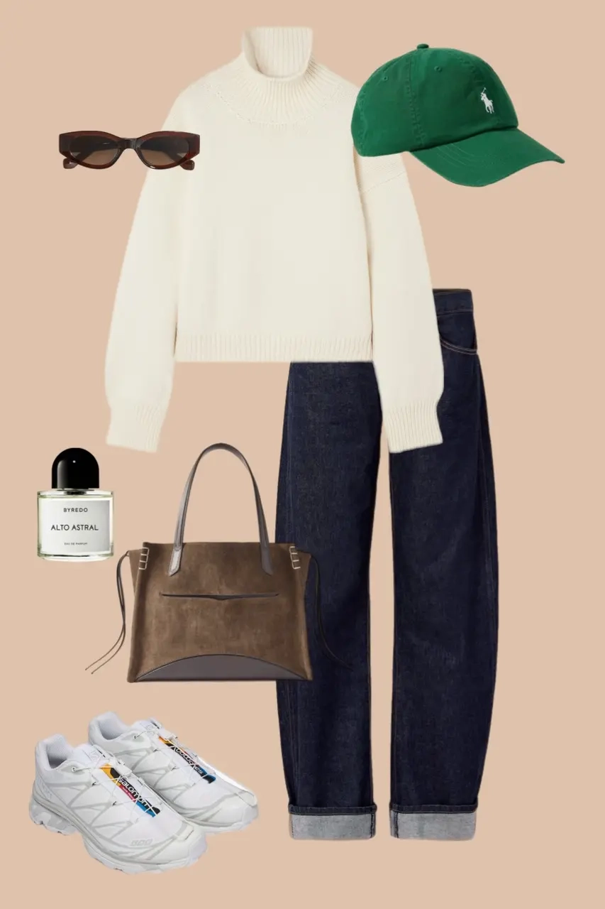 Cream turtleneck dark blue jeans green baseball cap chunky sneakers outfit 9
