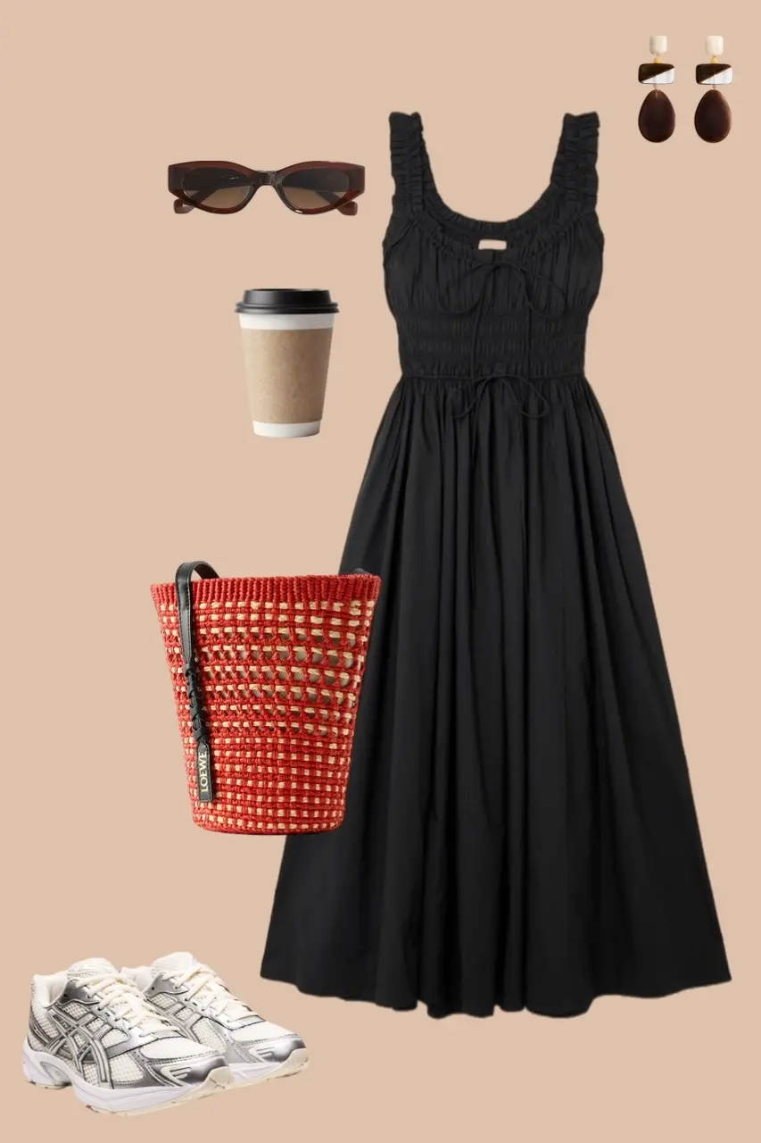 Black smocked midi dress red woven bag chunky sneakers sunglasses outfit 11
