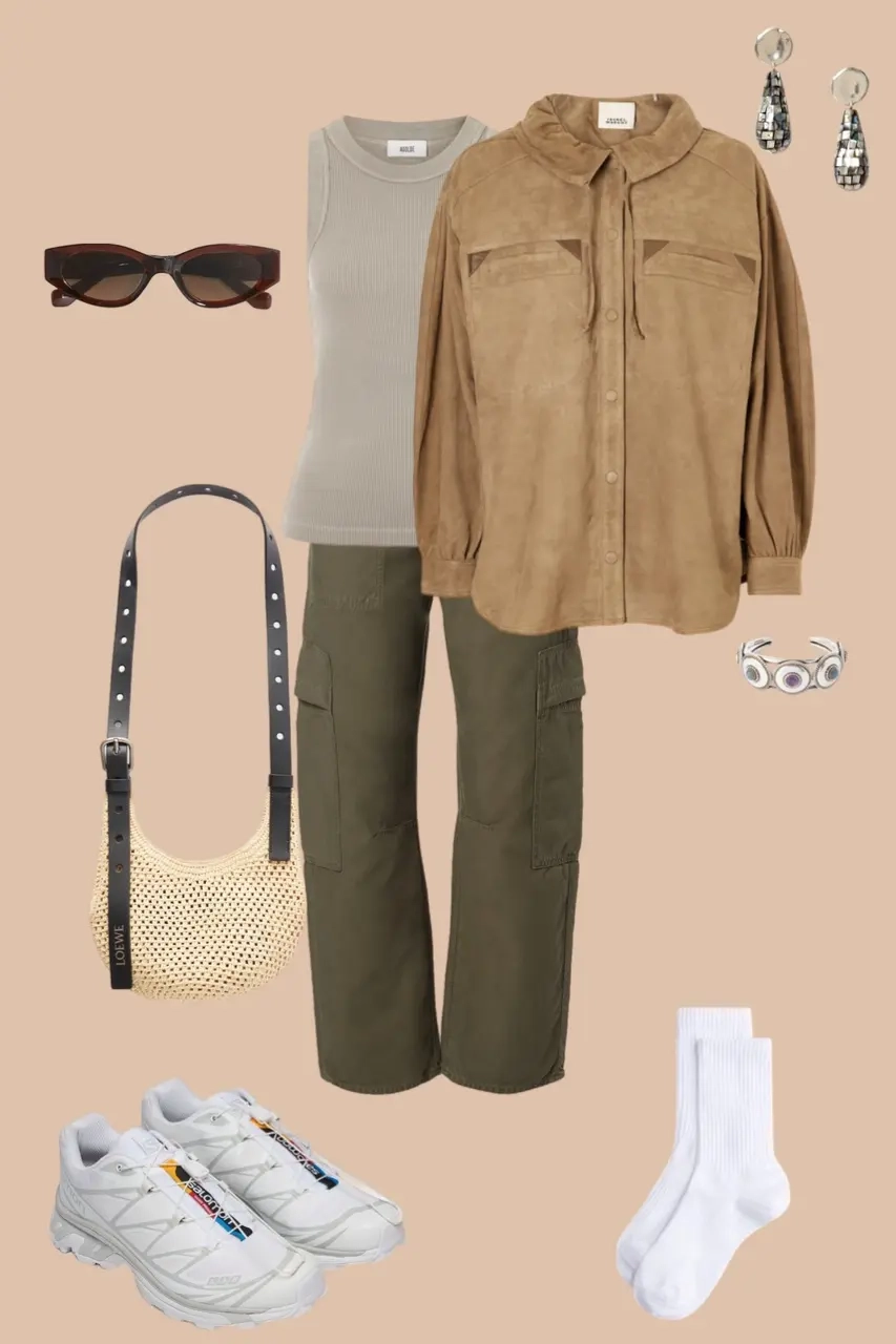 Tan suede oversized shirt gray tank olive cargo pants woven bag chunky sneakers outfit 12