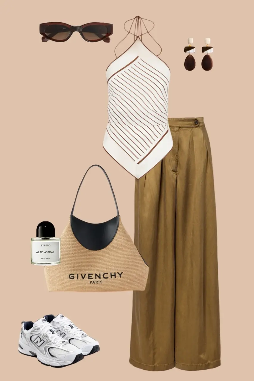 White handkerchief halter top tan wide leg pants woven bag chunky sneakers outfit 14