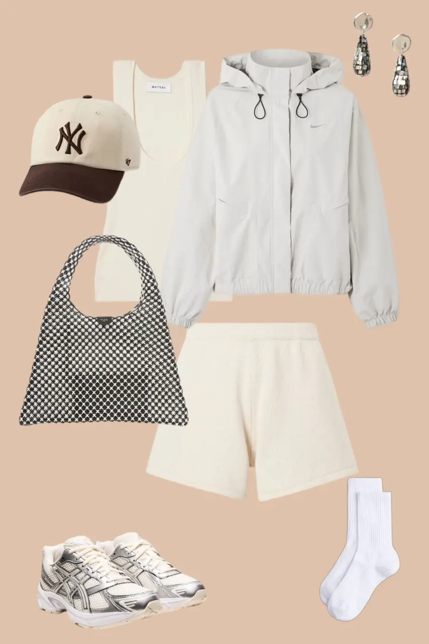 Gray Nike hoodie white tank cream shorts checkered bag chunky sneakers outfit 15