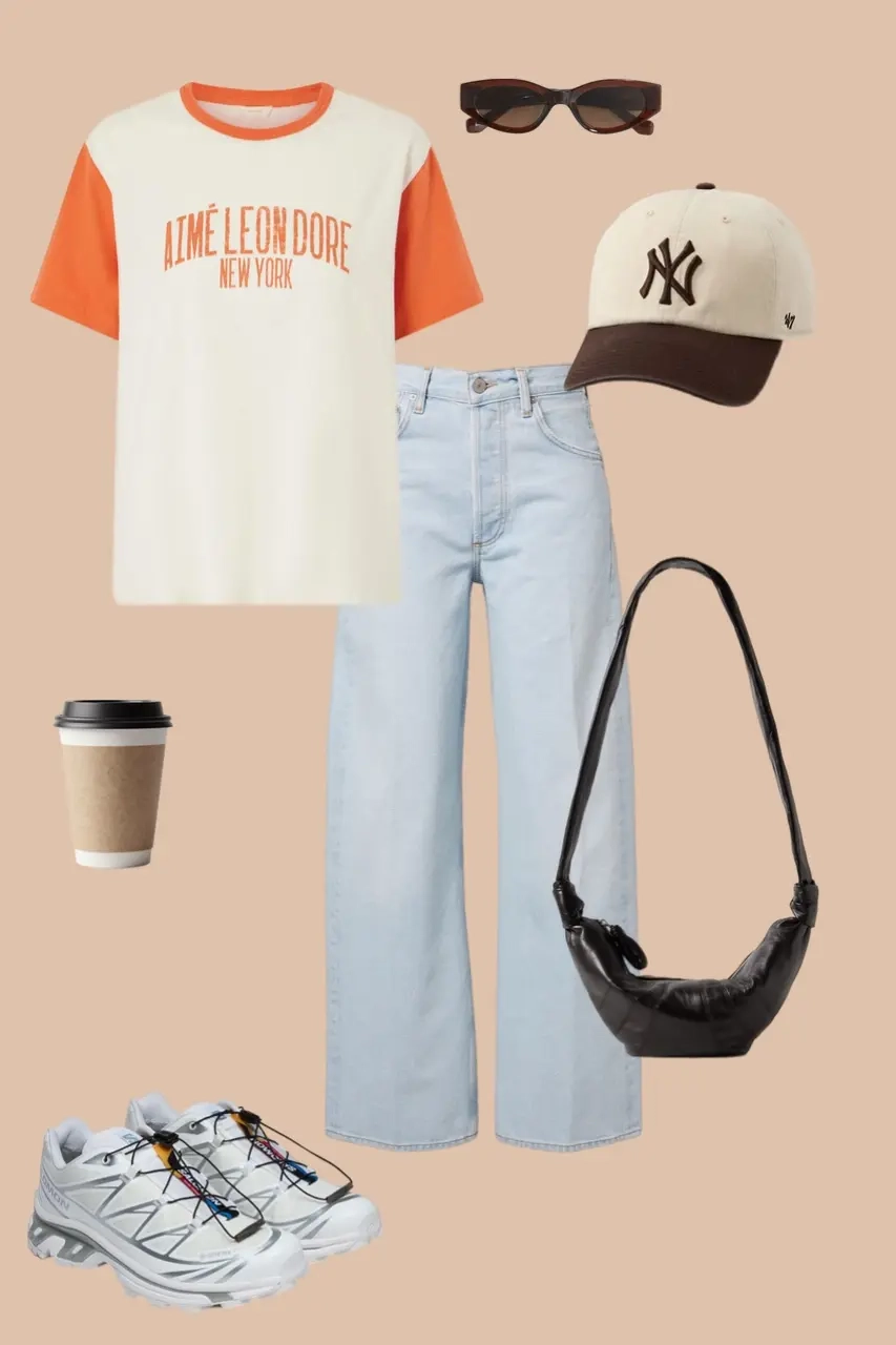 White and orange color block tee light wash jeans baseball cap black curved bag chunky sneakers outfit 16