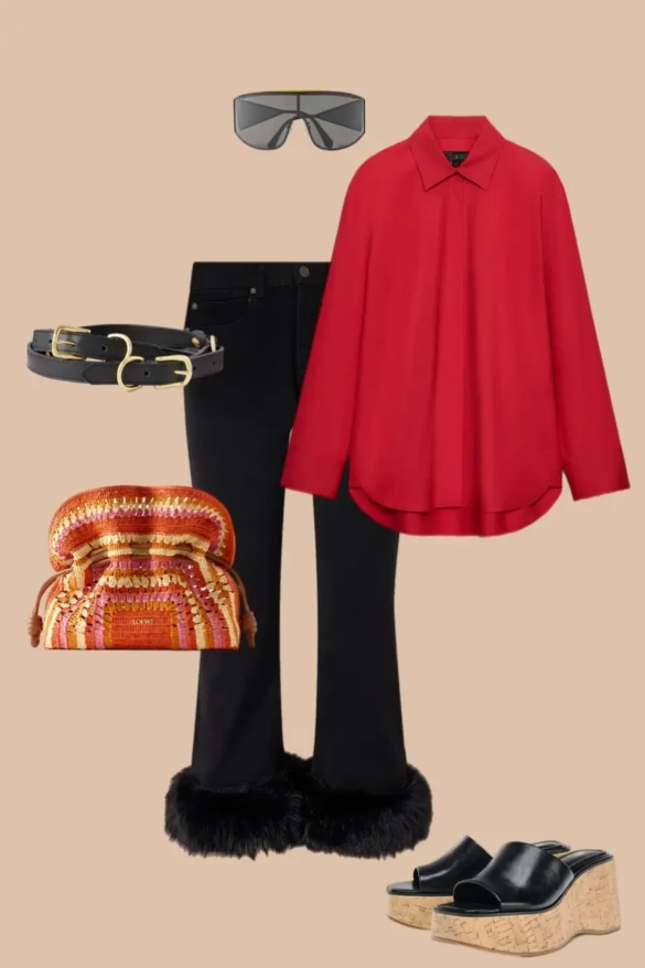 Red oversized shirt black wide leg jeans with fur trim black belt multi-color woven clutch platform sandals shield sunglasses 8