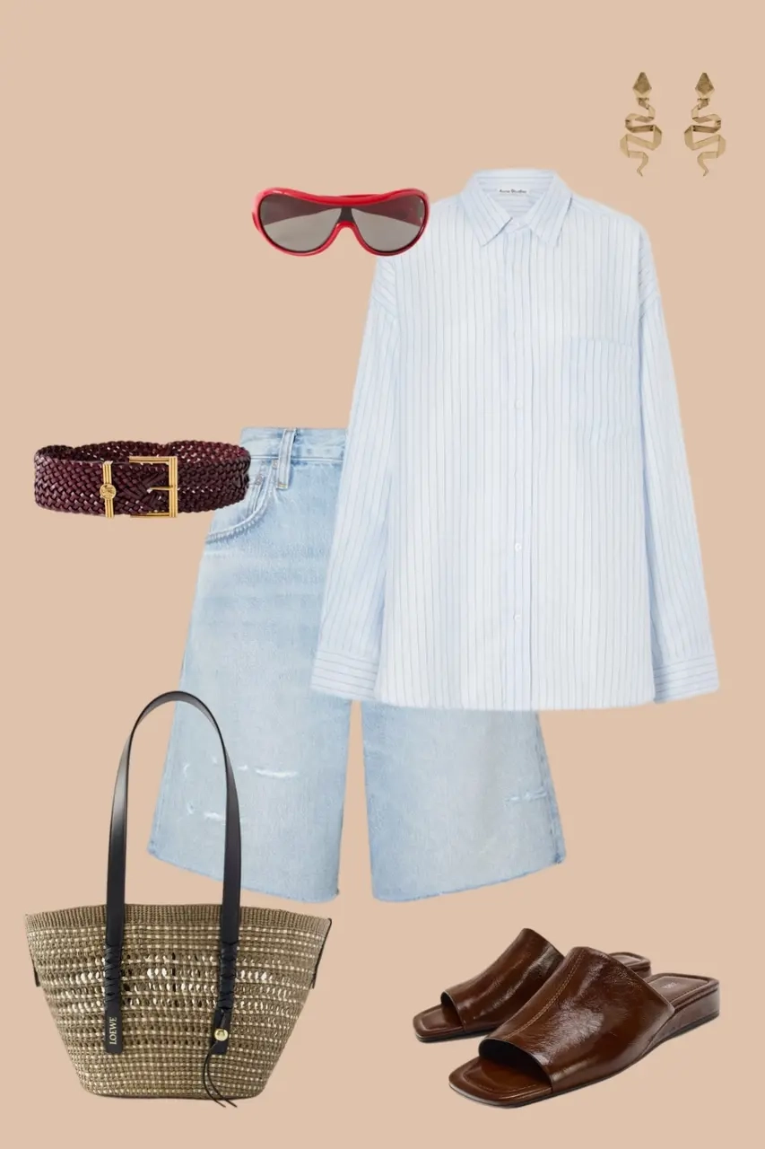 Blue white striped oversized shirt light blue bermuda shorts brown belt woven tote brown leather slides sunglasses 4