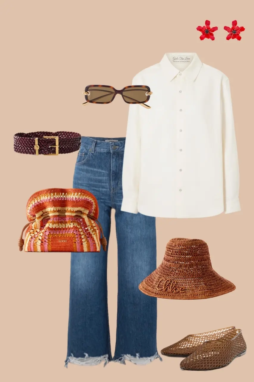 White oversized shirt with distressed blue jeans brown woven belt tortoiseshell sunglasses straw hat mesh flats 1