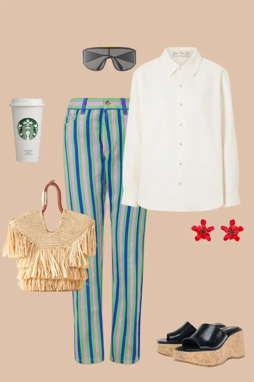 White oversized shirt multicolor striped straight trousers shield sunglasses fringe bag platform cork sandals 5