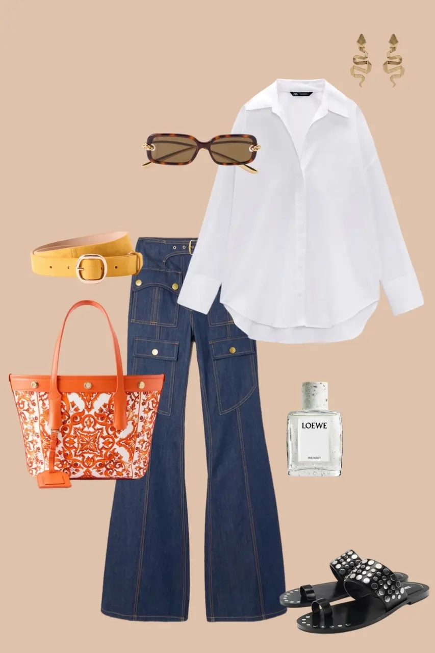 White oversized shirt wide leg dark denim jeans yellow belt orange printed tote studded sandals tortoiseshell sunglasses 3