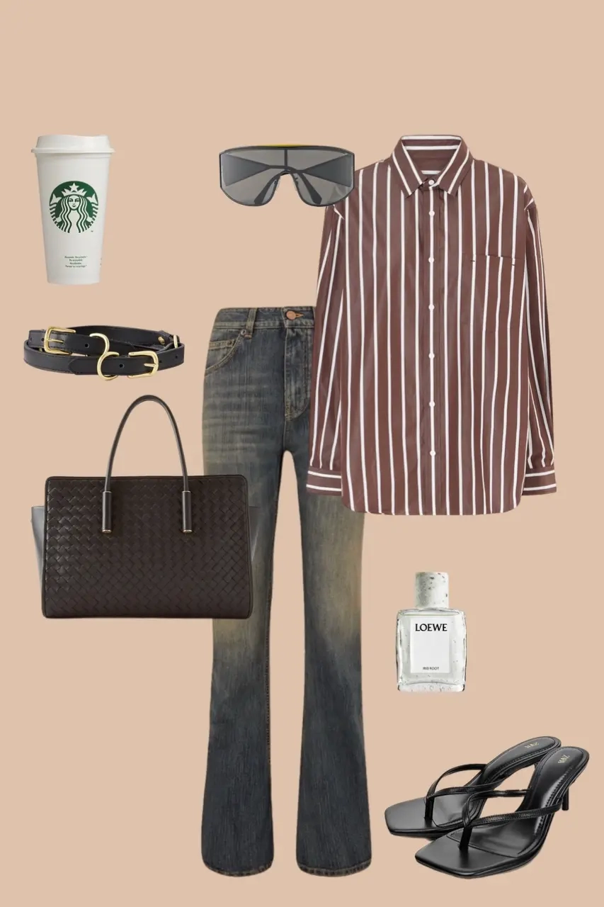 Brown white striped oversized shirt dark blue wide leg jeans black belt woven tote black flip flops shield sunglasses 10