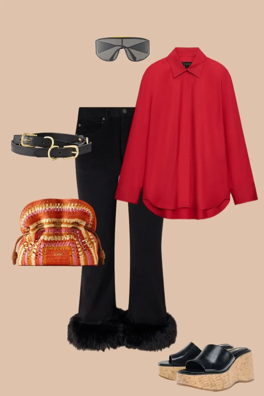 Red oversized shirt black wide leg jeans with fur trim black belt multi-color woven clutch platform sandals shield sunglasses 8