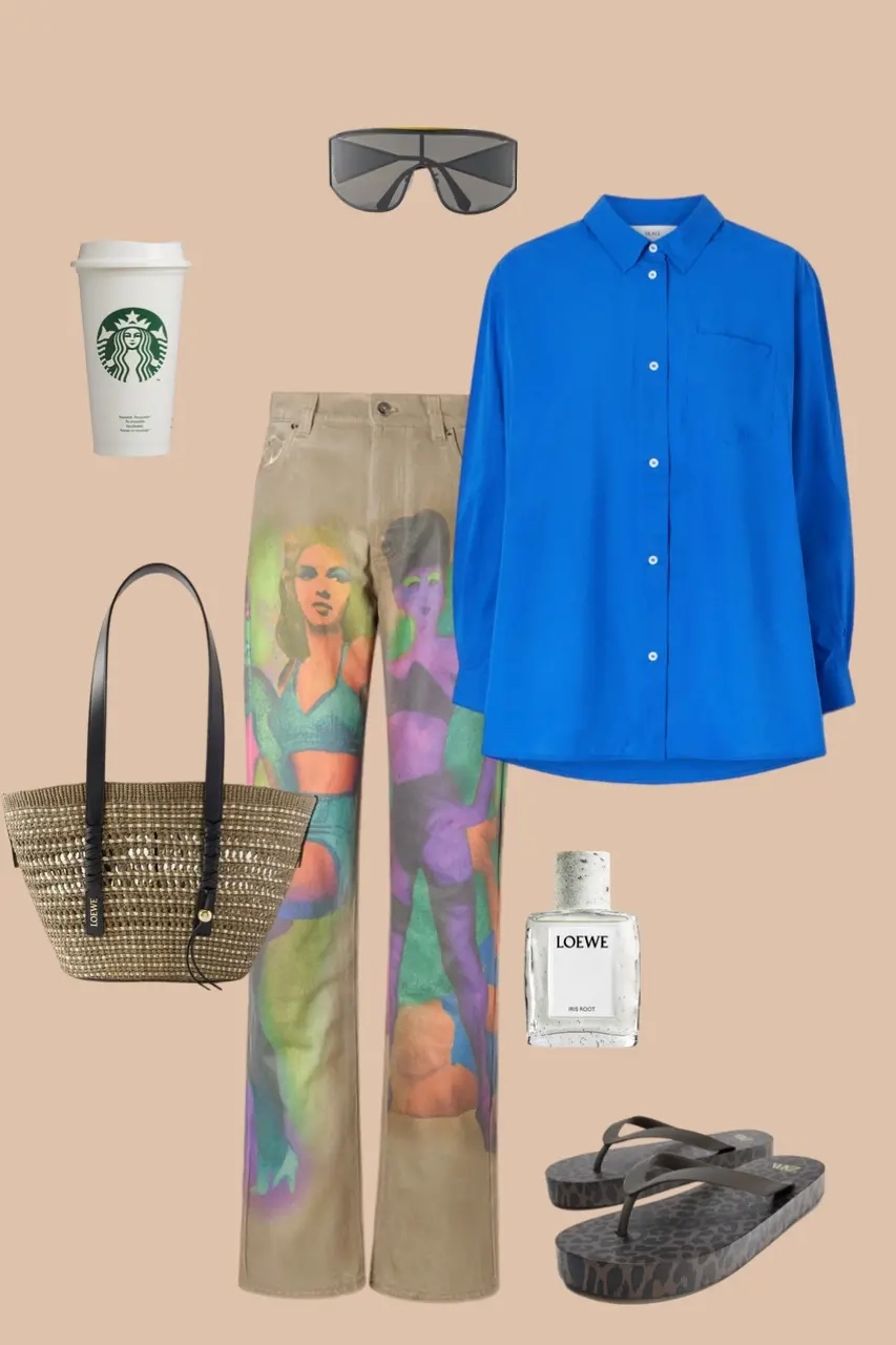 Bright blue oversized shirt graphic print wide leg trousers woven tote black platform sandals shield sunglasses 15