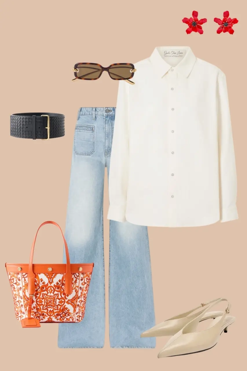 White oversized shirt light wash wide leg jeans woven black belt orange printed tote pointed toe pumps sunglasses 7