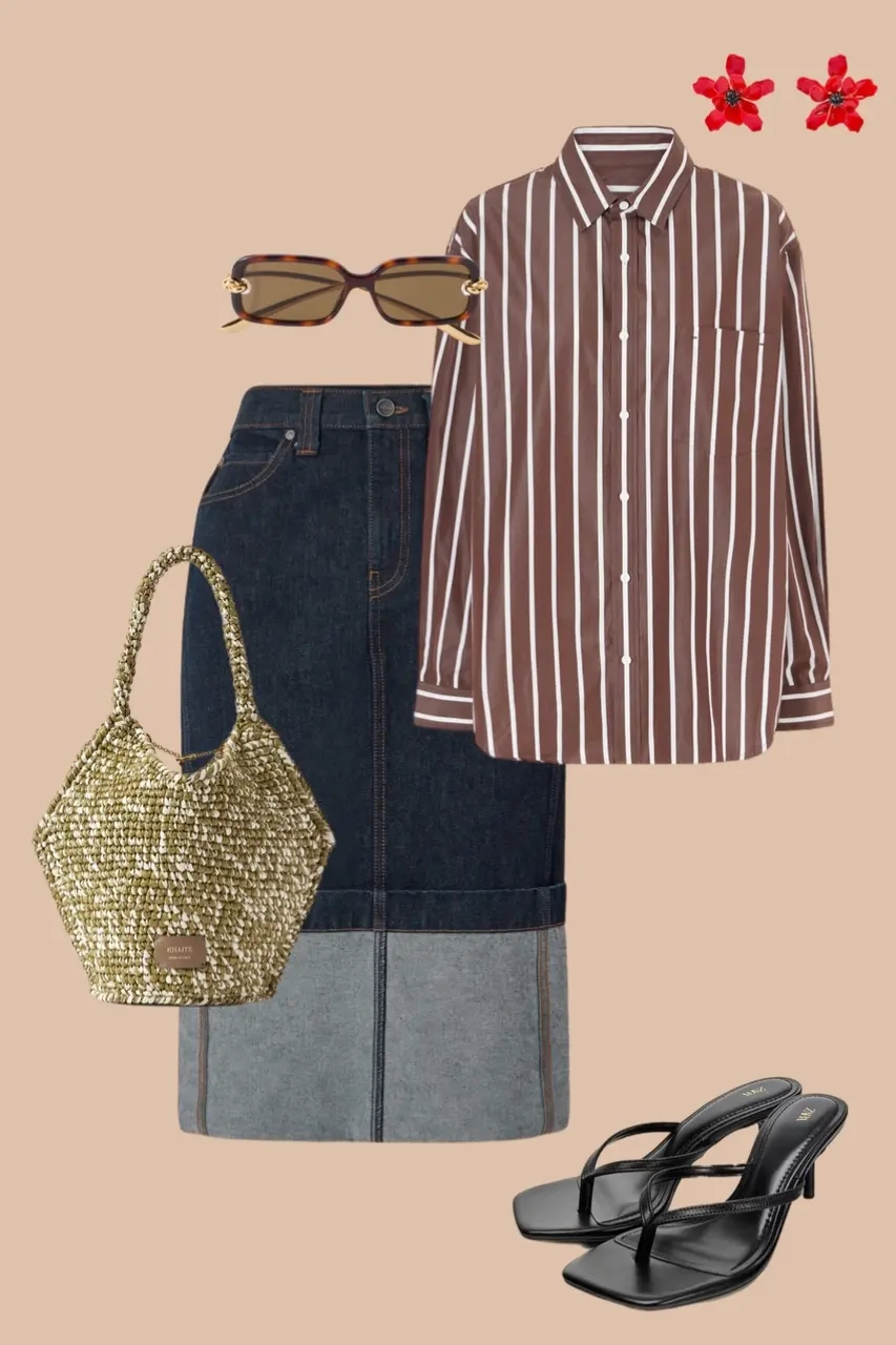 Brown white striped oversized shirt denim patchwork skirt metallic woven bag black flip flops tortoiseshell sunglasses 11