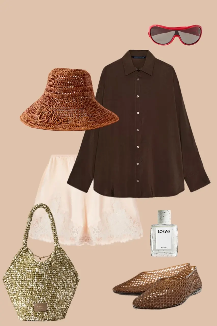 Brown oversized shirt white mini skirt brown straw hat mesh bag woven flats red sunglasses 13