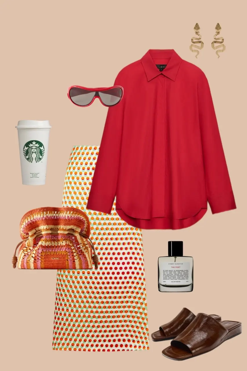 Red oversized shirt orange polka dot wide leg trousers woven clutch brown leather slides red sunglasses 9