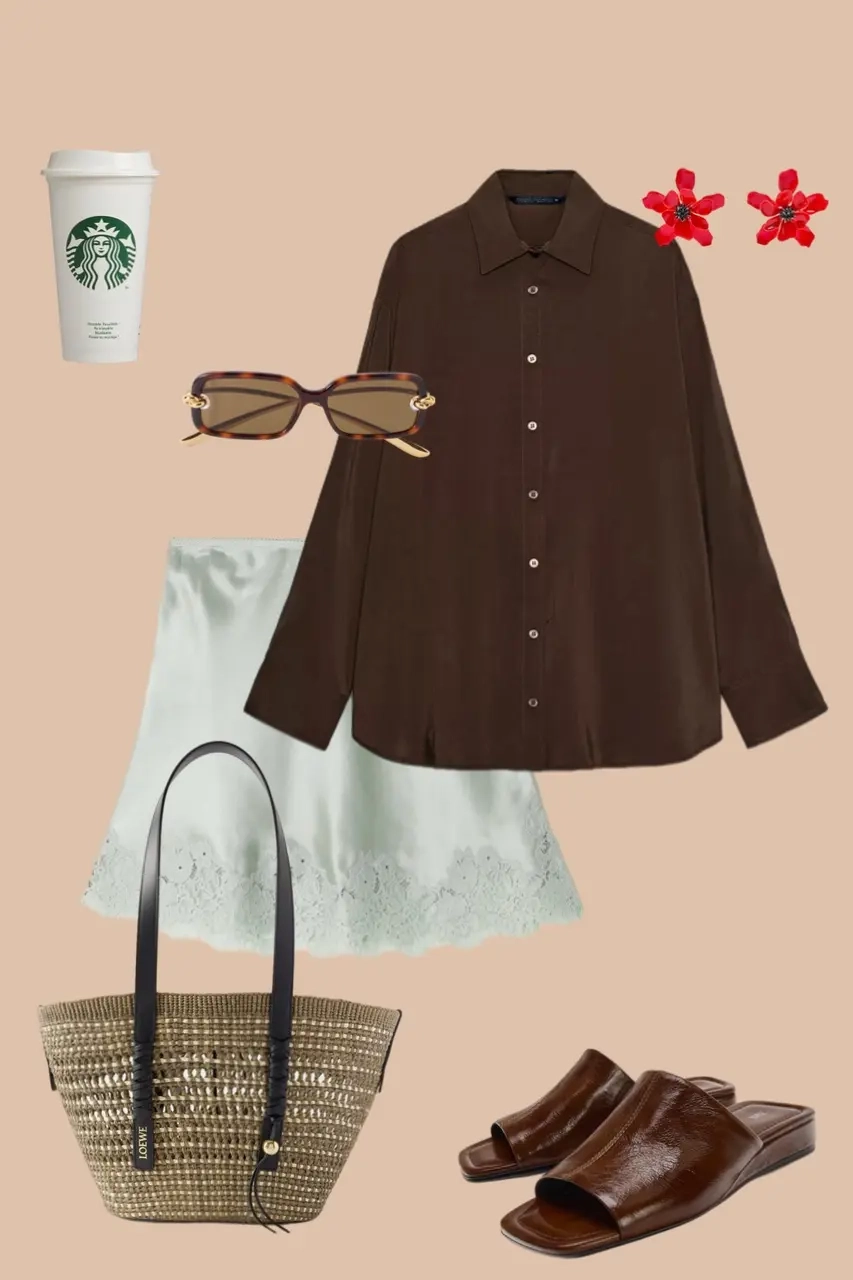 Brown oversized shirt sage green mini skirt woven tote brown leather slides tortoiseshell sunglasses coffee cup 14