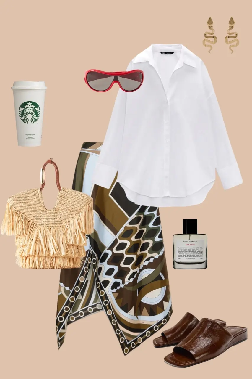 White oversized shirt patterned silk scarf brown leather slides tortoiseshell sunglasses fringe bag 2