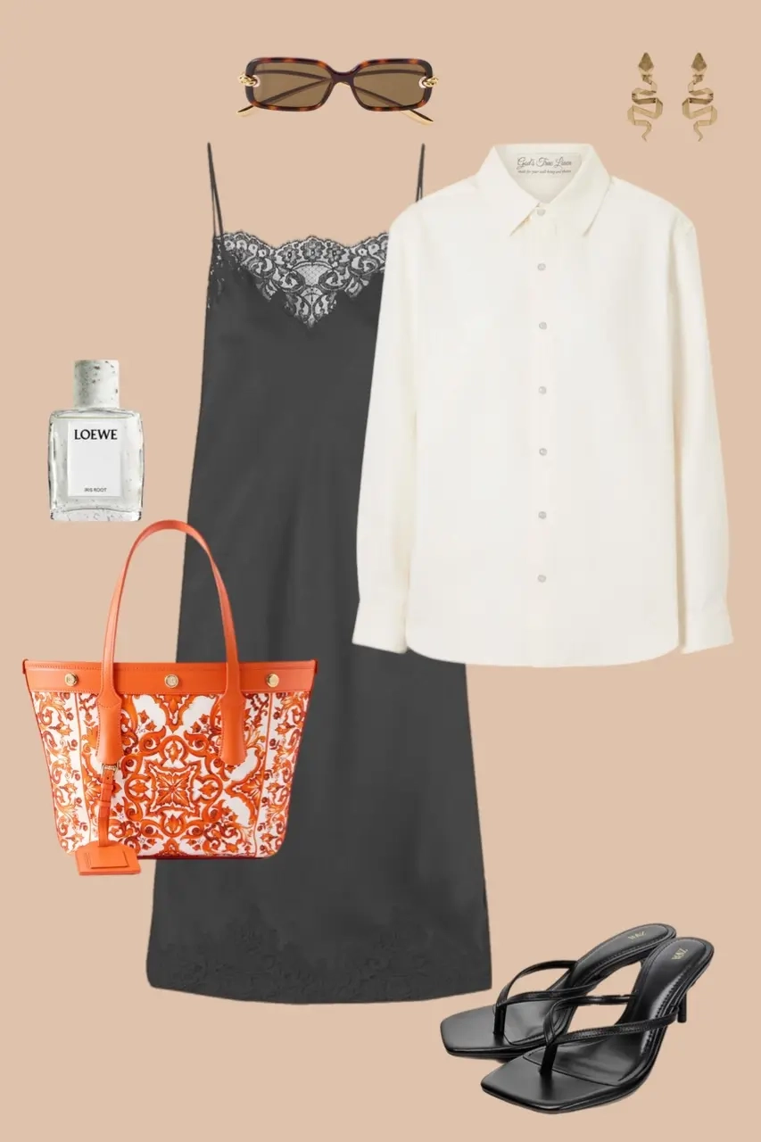 Black slip dress over white oversized shirt orange printed tote black strappy heels tortoiseshell sunglasses 6