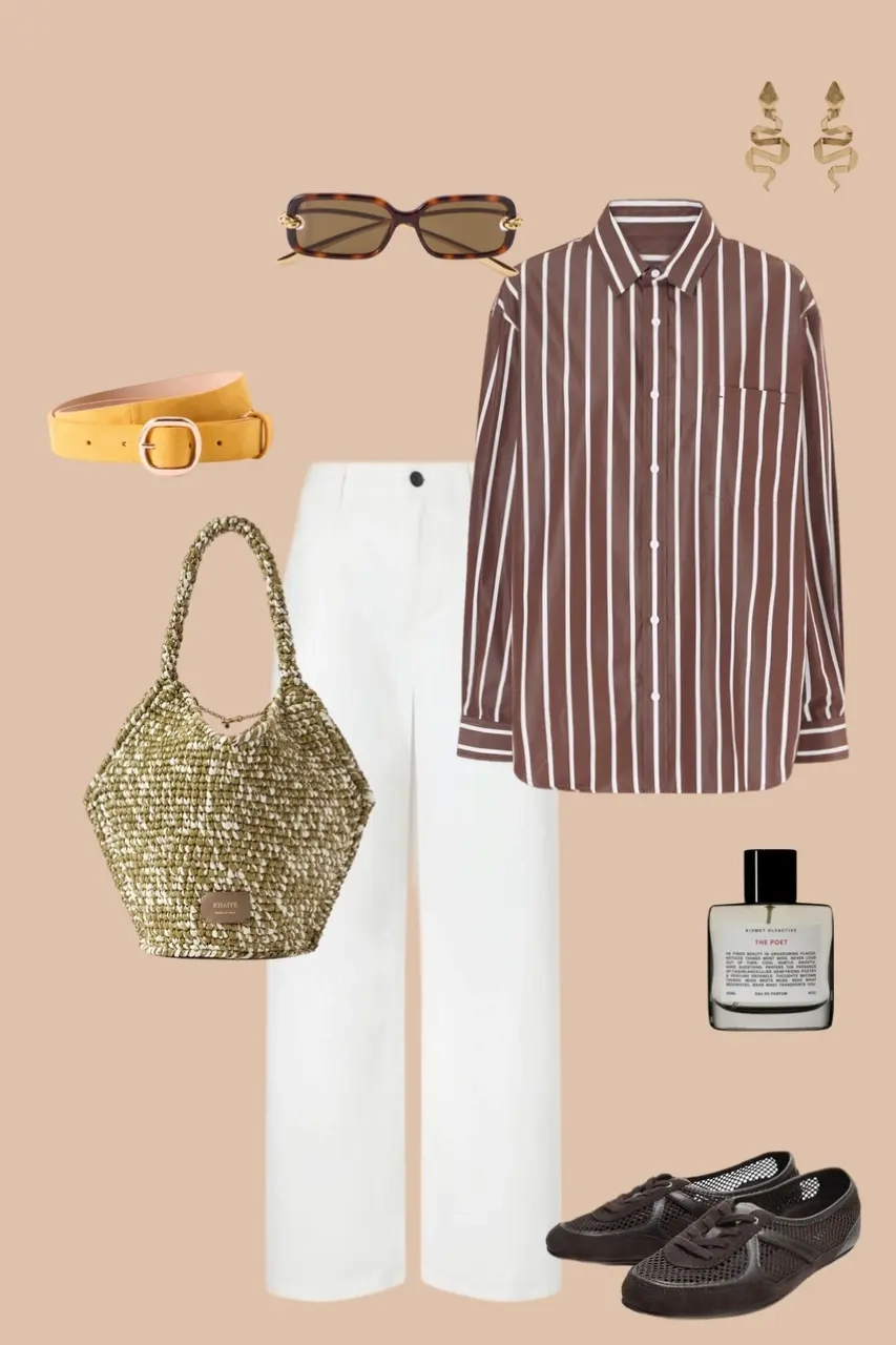 Brown white striped oversized shirt white wide leg jeans yellow belt metallic woven bag brown mesh sneakers sunglasses 12