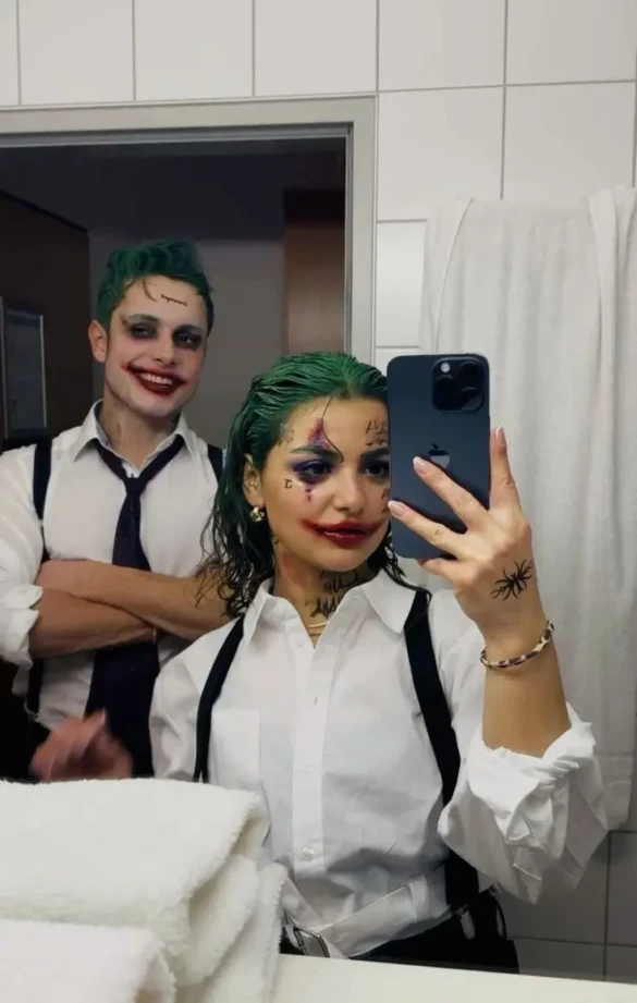 Joker Harley Quinn couple costume white shirts black pants green hair temporary office appropriate 15