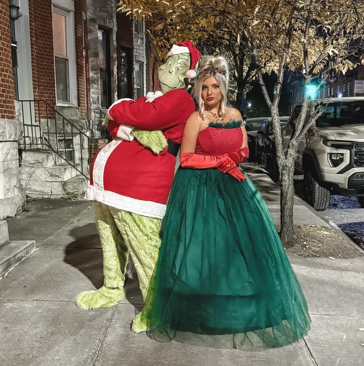 Green furry Grinch costume and woman in green ballgown as Cindy Lou Who Christmas characters costume 4