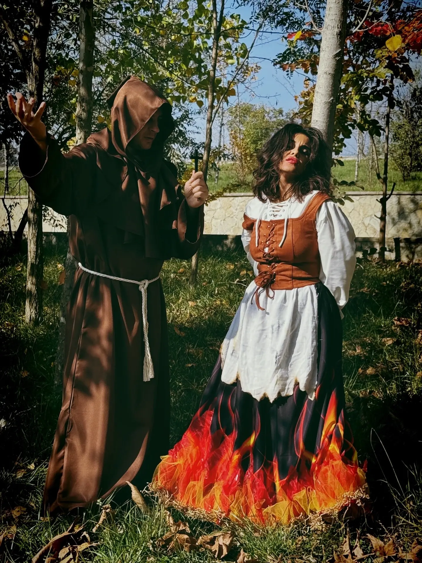 Brown hooded monk robe and white dress with flame effects as medieval monk and witch costume 8