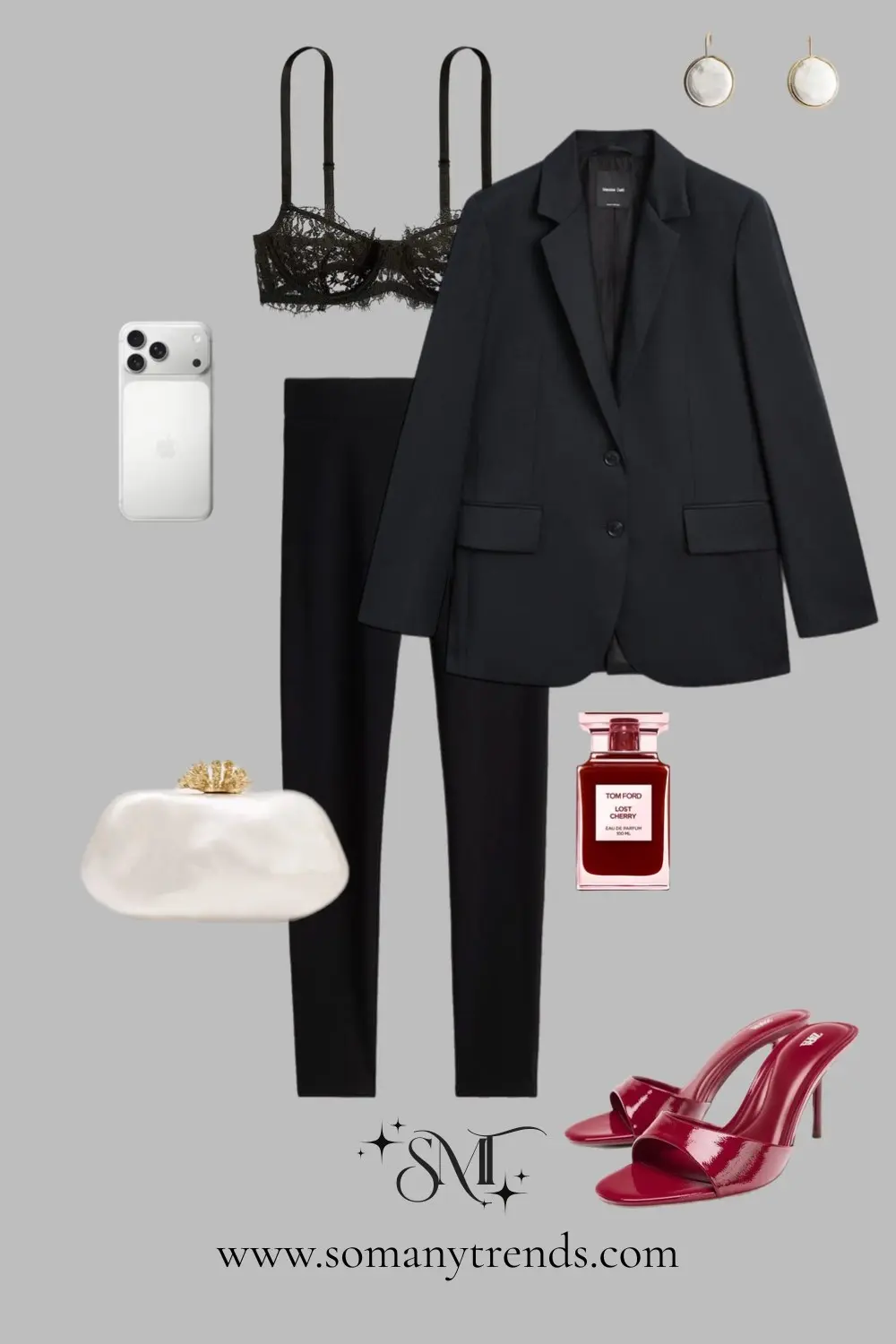 Black blazer black lace bra matching trousers white clutch red heels elegant party outfit 1