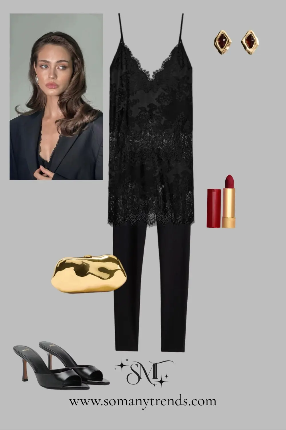 Black lace camisole tailored trousers gold clutch black heels sophisticated party look 2