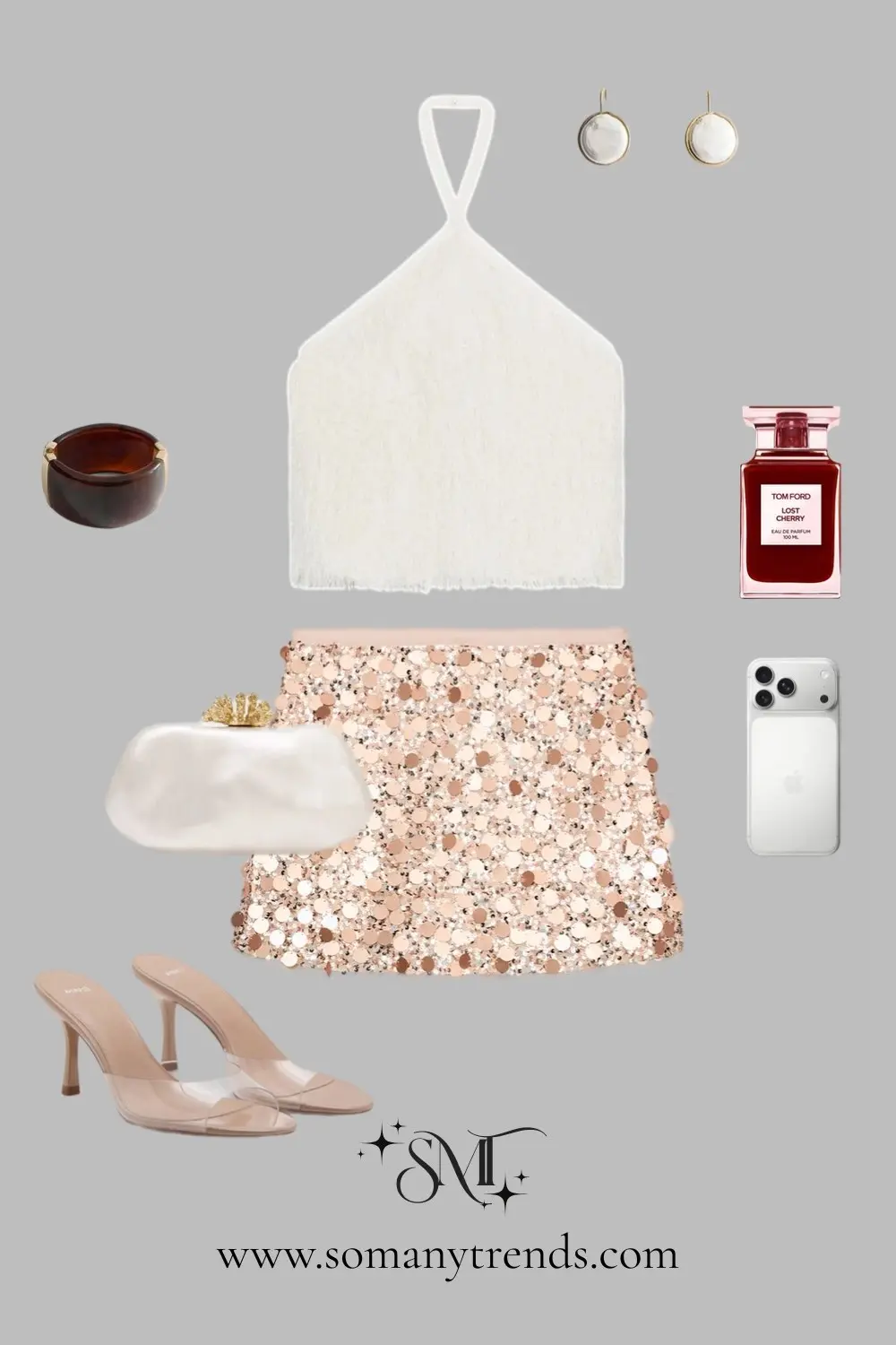 Cream halter top sequin mini skirt nude heels white clutch balanced party ensemble 3