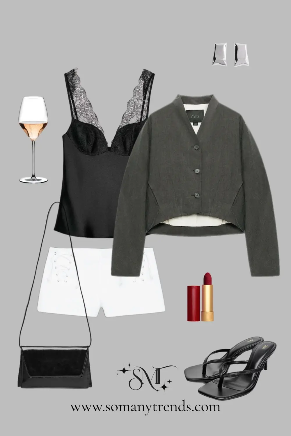 Olive cardigan black lace bralette white shorts black sandals relaxed party style 4