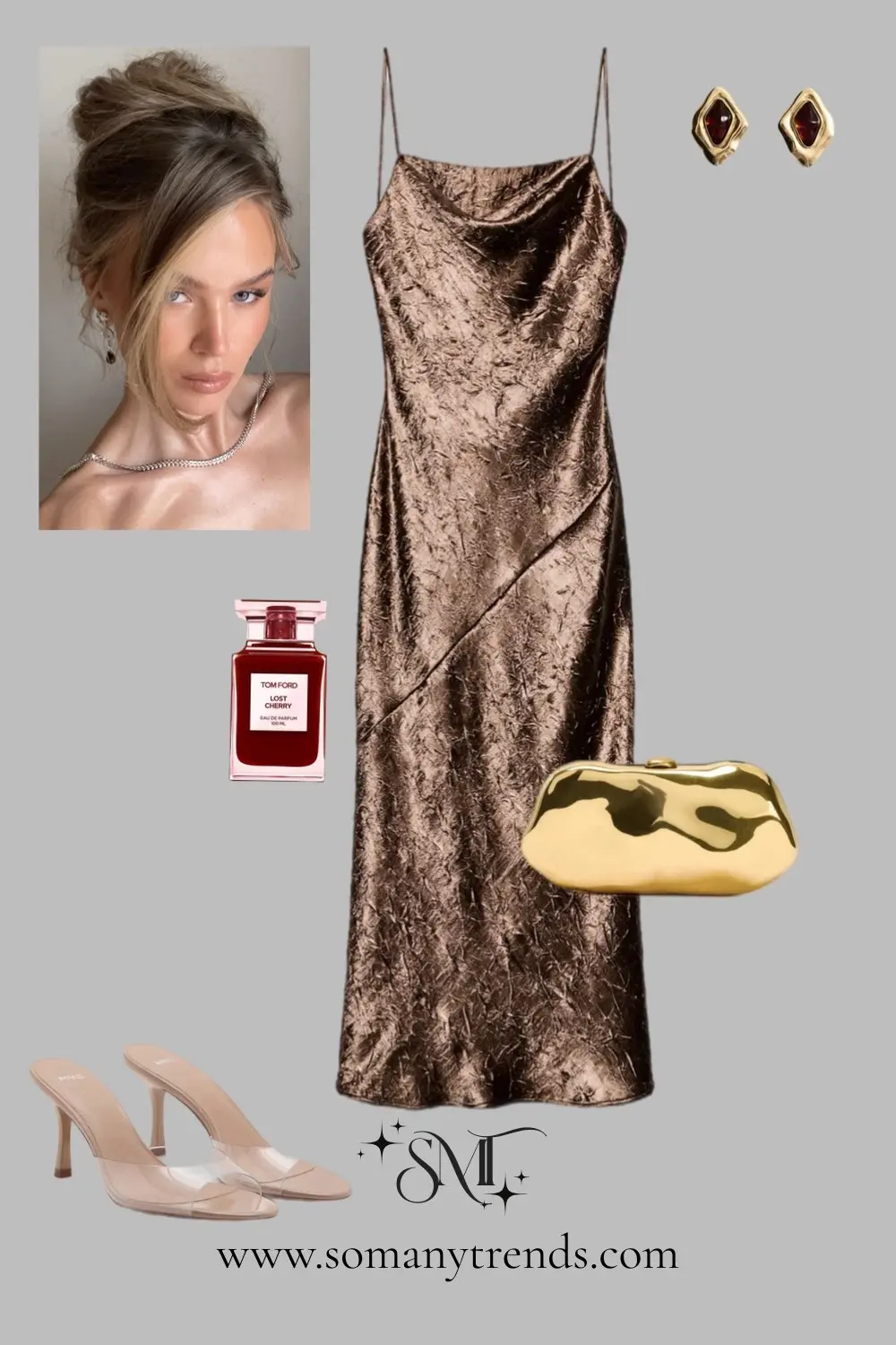 Bronze velvet slip dress cowl neckline nude strappy heels gold clutch elegant evening look 5