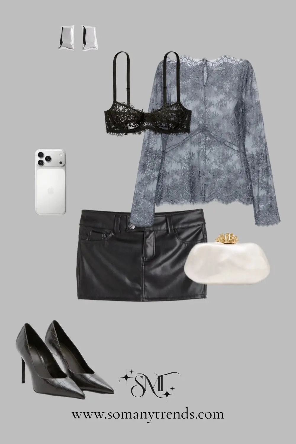 Sheer lace top black bralette leather mini skirt pointed toe pumps mixed texture party outfit 6