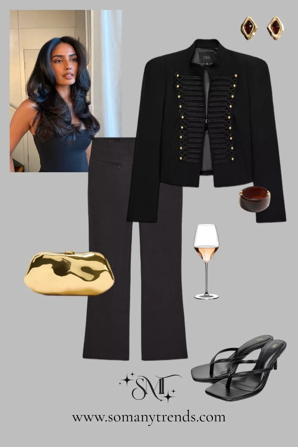 Military blazer black wide leg trousers gold clutch black flip flops structured party look 7