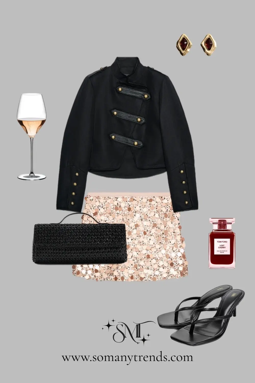 Double breasted military jacket sequin mini skirt black clutch heels dramatic party ensemble 8