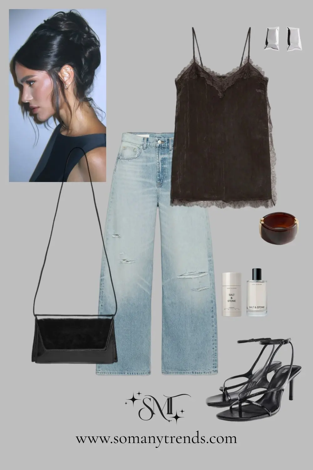 Brown lace camisole distressed jeans black crossbody bag strappy heels effortless party style 9