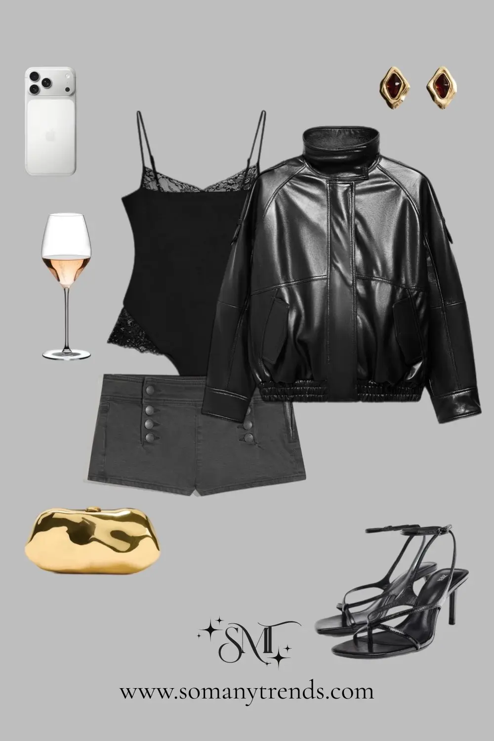 Oversized leather bomber black lace bralette black shorts gold clutch strappy heels edgy party look 10
