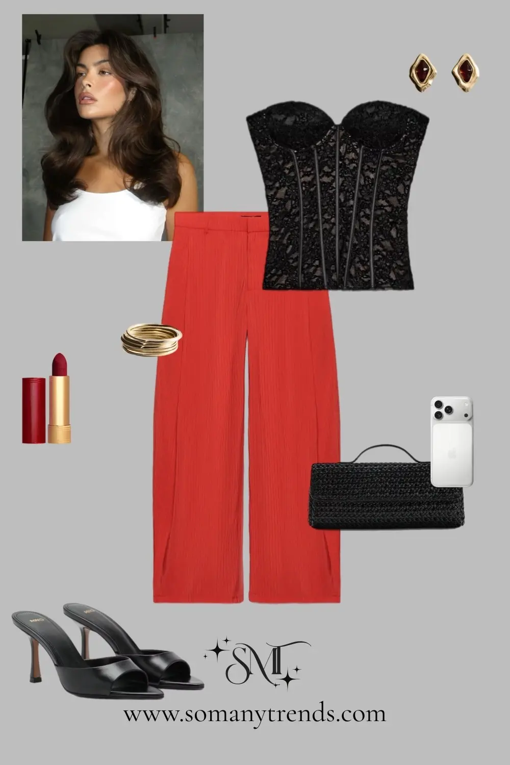 Black lace corset red wide leg trousers black clutch heels bold statement party outfit 11