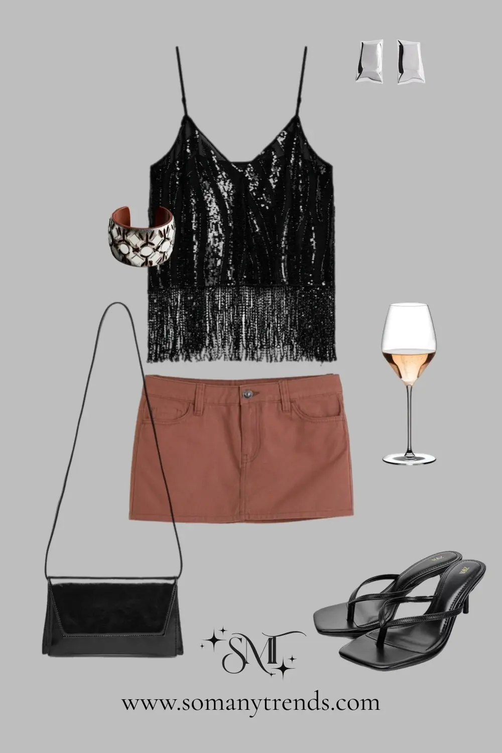 Black sequin fringe camisole brown mini skirt black crossbody heels unexpected party combination 12