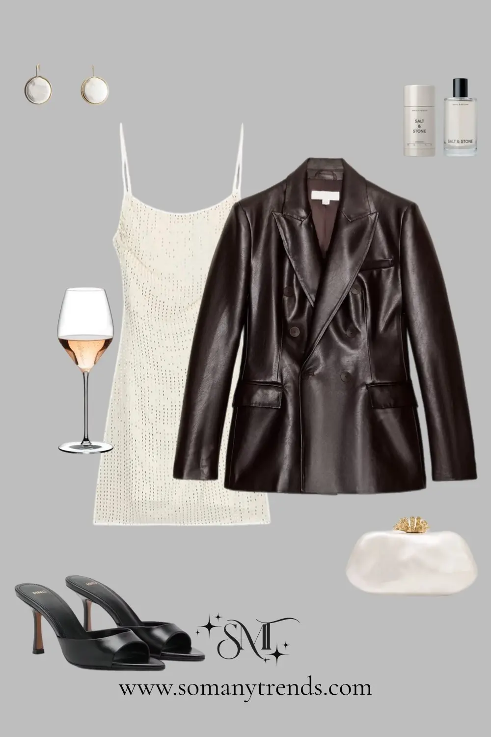 Cream knit slip dress leather blazer white clutch black heels minimalist party sophistication 13