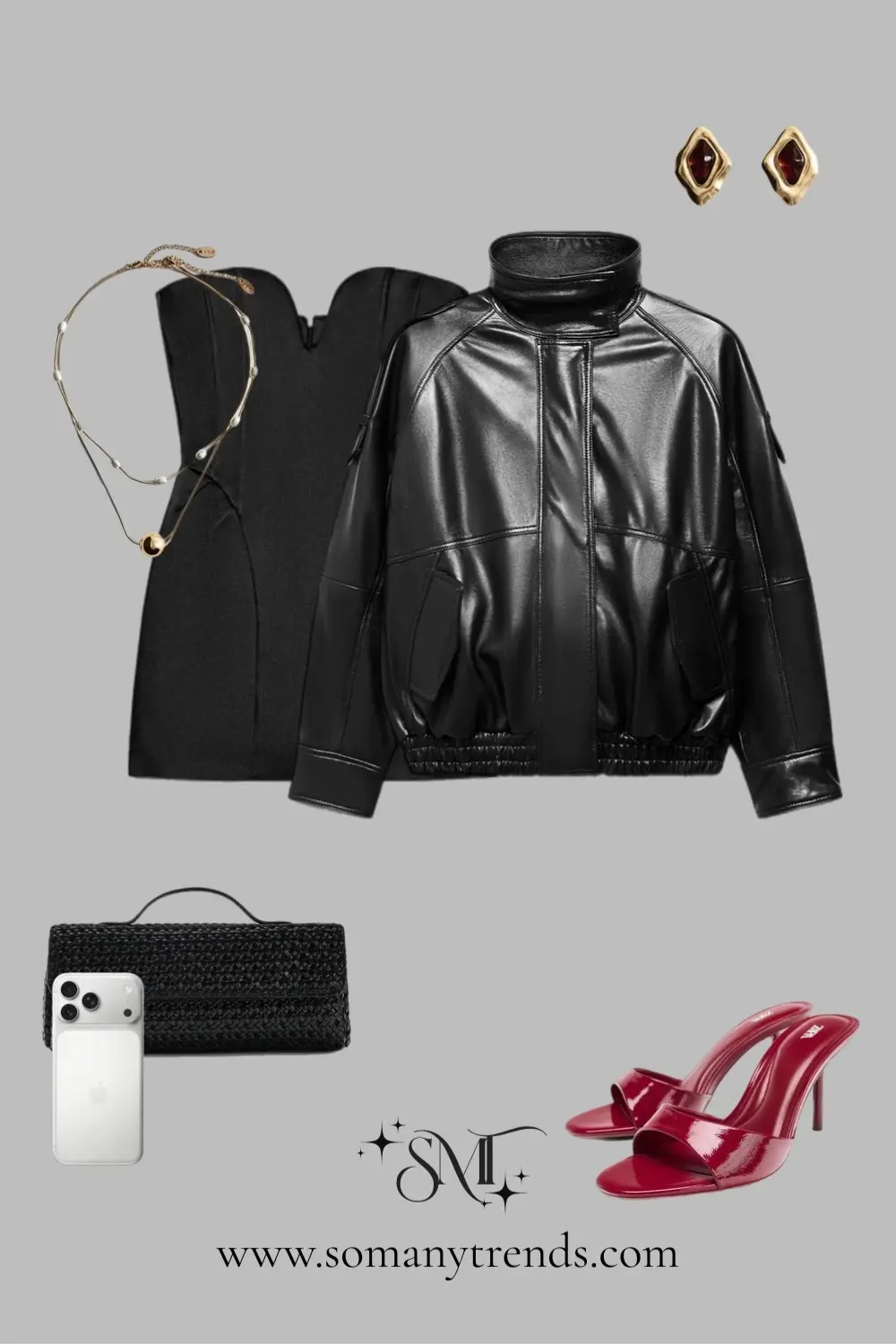 Black leather bomber black slip dress black crossbody red heels monochrome party authority 14